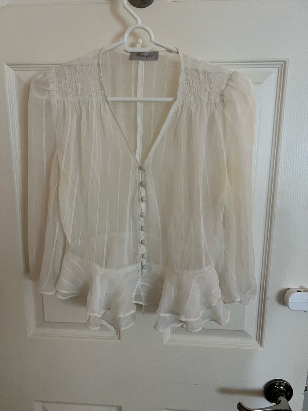 Sheer Ivory Ruffle-Trim Blouse - Honey Love Brand fits like small